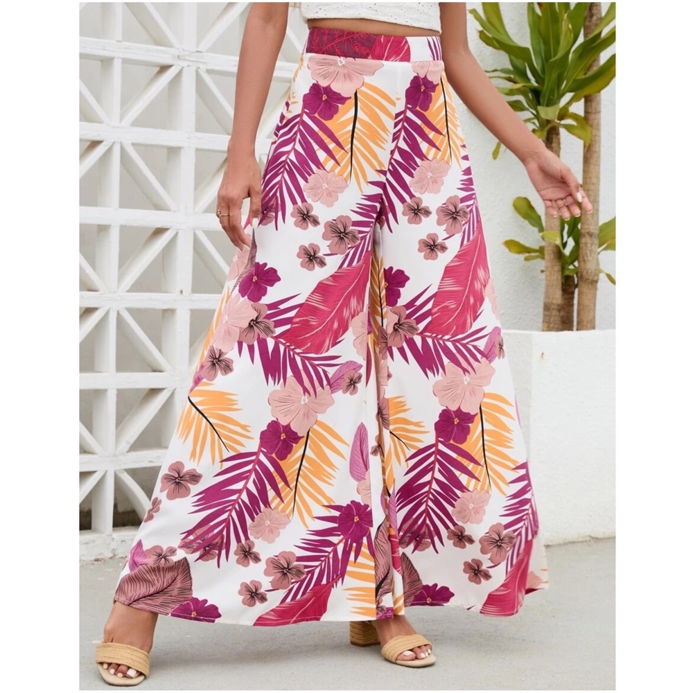 Boho Floral Tropical Print Wide Leg Palazzo Pants - Picture 3 of 8